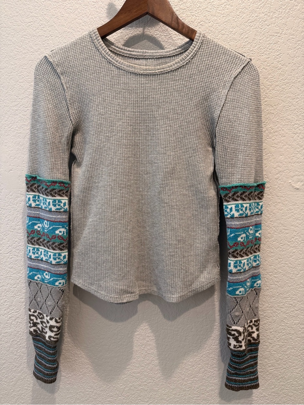 We The Free Gray Waffle-Knit Top with Turquoise Patterned Sleeves